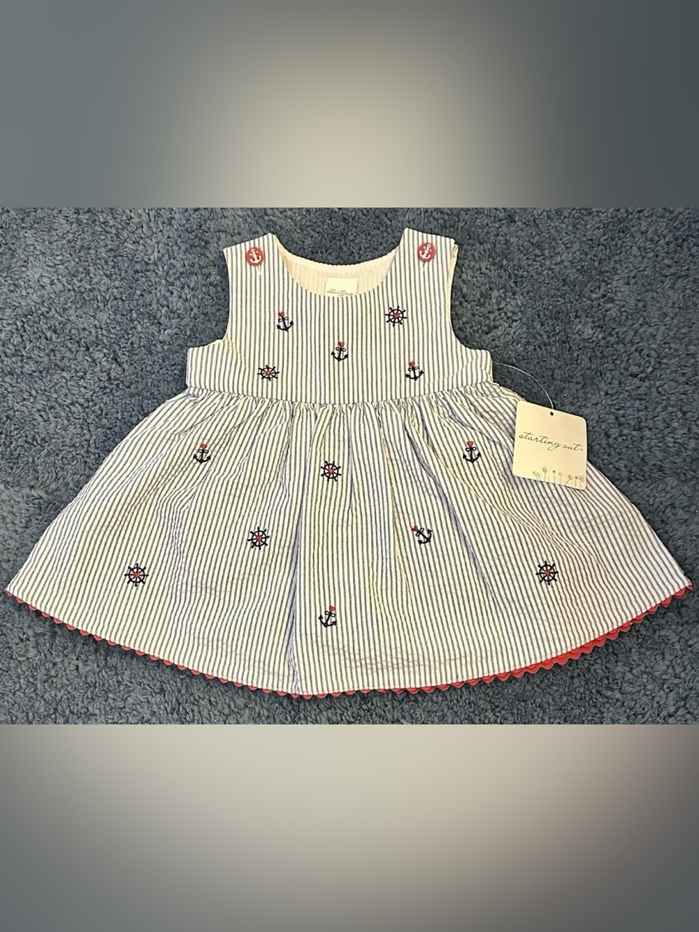 Starting Out Baby Girl 6M Blue/White Stripe Embroidered Anchors Seersucker Dress